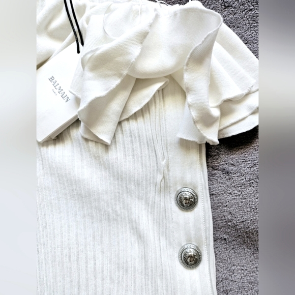 Balmain One-shoulder Ruffled Ribbed-knit Top Size 8 - Picture 7 of 12